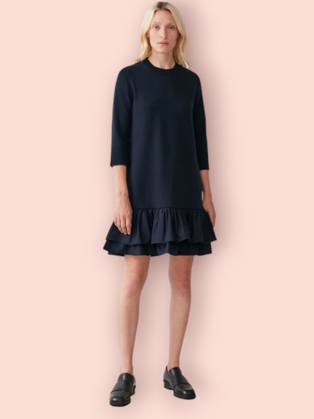COS Navy Knitted With Woven Pleats Dress